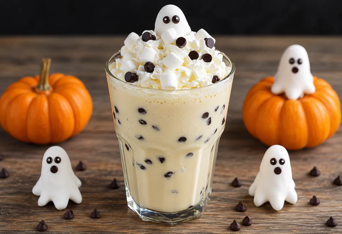 Milkshake com chantilly, marshmallows e gotas de chocolate, decorado com um fantasminha e cercado por abóboras