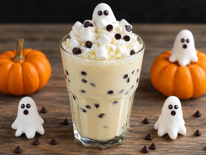 Milkshake com chantilly, marshmallows e gotas de chocolate, decorado com um fantasminha e cercado por abóboras