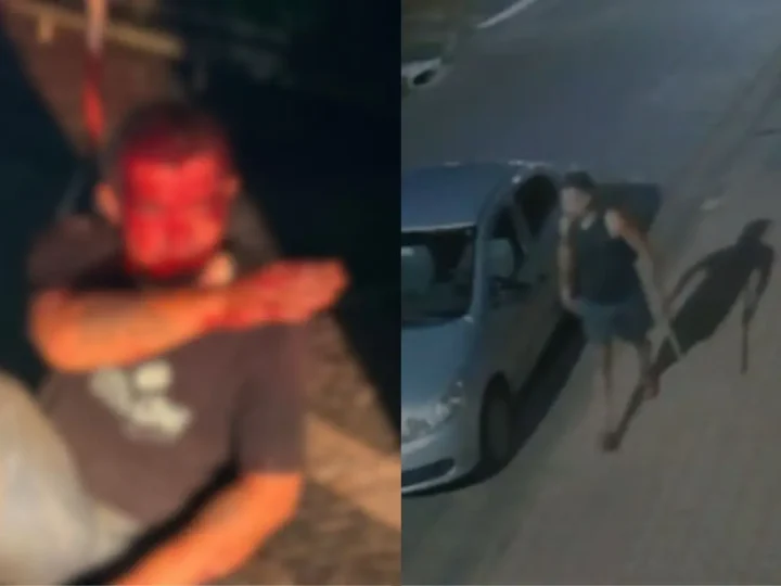 Montagem com homem sentado à esquerda e registro de câmera de segurança com pessoas ao lado de um carro à direita.