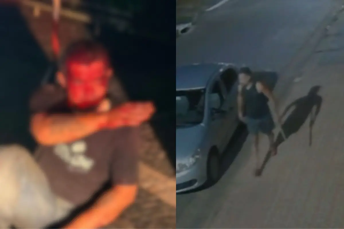 Montagem com homem sentado à esquerda e registro de câmera de segurança com pessoas ao lado de um carro à direita.
