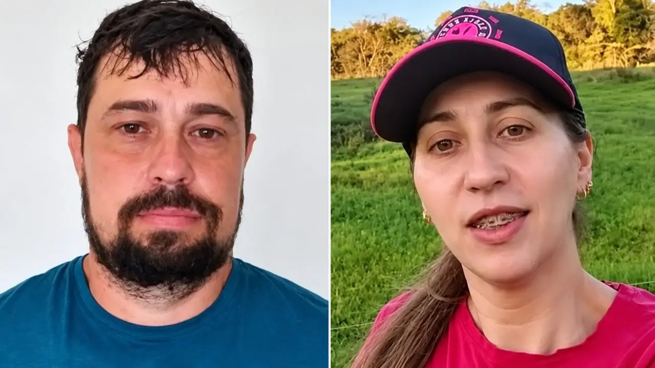 Montagem com Loreinei Moraes à esquerda e Daiana Gisele Müller à direita, usando boné preto e rosa em uma área rural.