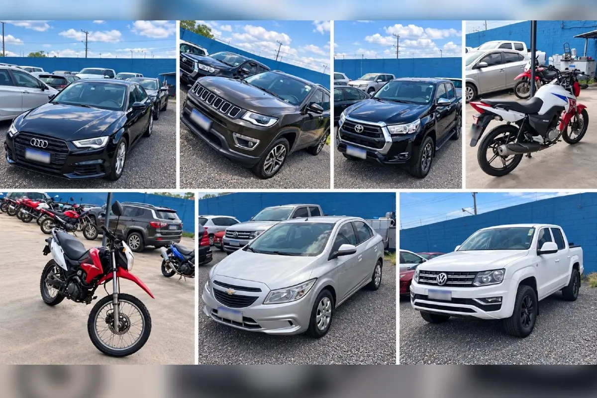 Montagem com carros, caminhonetes e motocicletas em pátio, incluindo Audi, Jeep Compass, Toyota Hilux e Volkswagen Amarok.