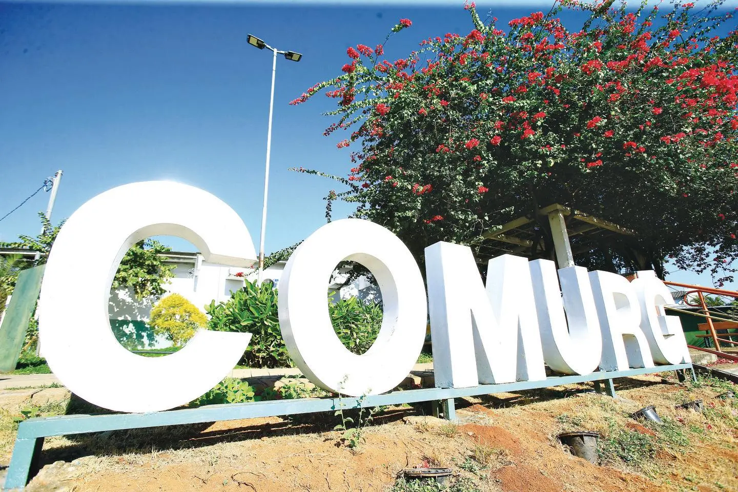 Letreiro branco da Comurg em área ajardinada, com flores vermelhas ao fundo.