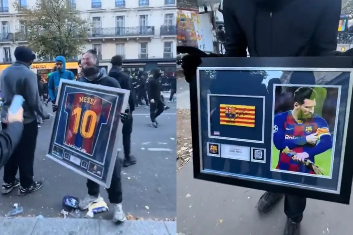 Montagem mostra pessoas segurando quadros com uma camisa número 10 do Barcelona e uma braçadeira de capitão acompanhada de foto de Messi